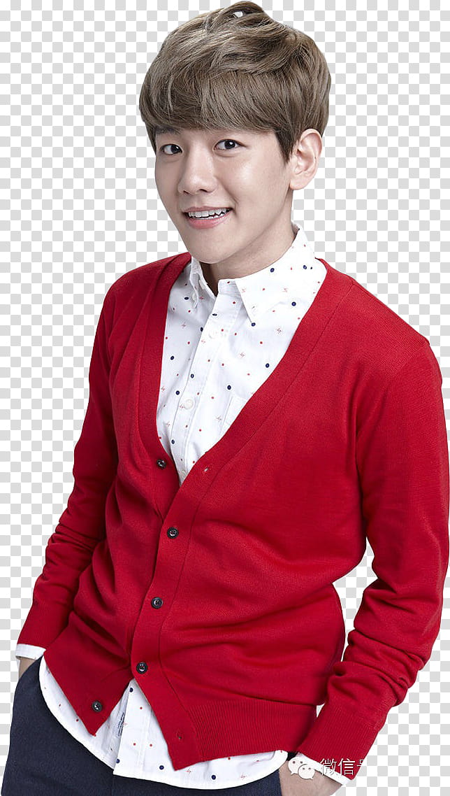 Render EXO for Lotte Duty Free, man in red button-up cardigan transparent background PNG clipart
