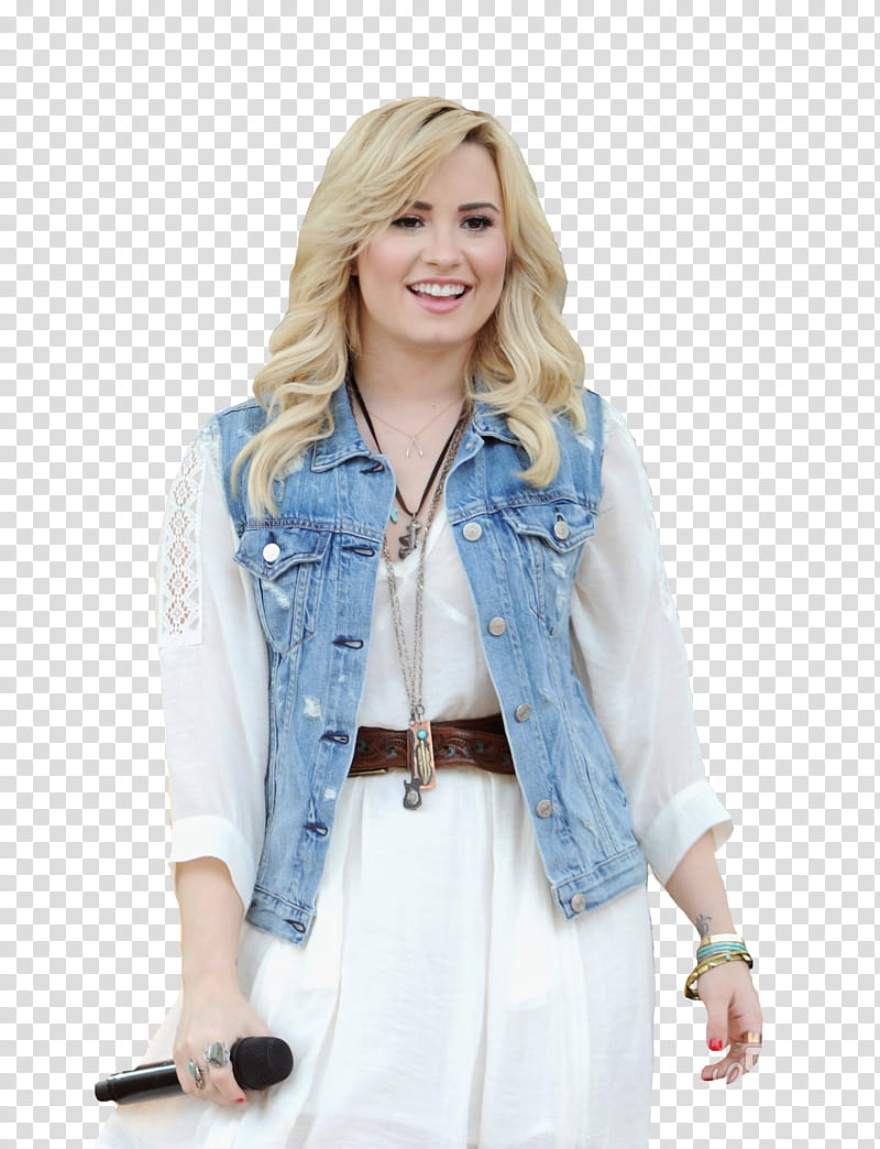 Demi Lovato , woman in blue denim vest holding wireless microphone transparent background PNG clipart