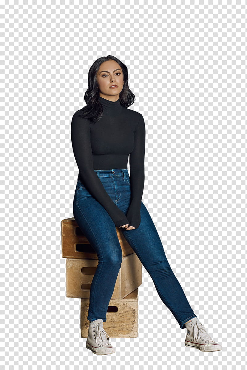 Camila Mendes, woman wearing black turtleneck long-sleeved shirt and blue denim skinny jeans outfit transparent background PNG clipart