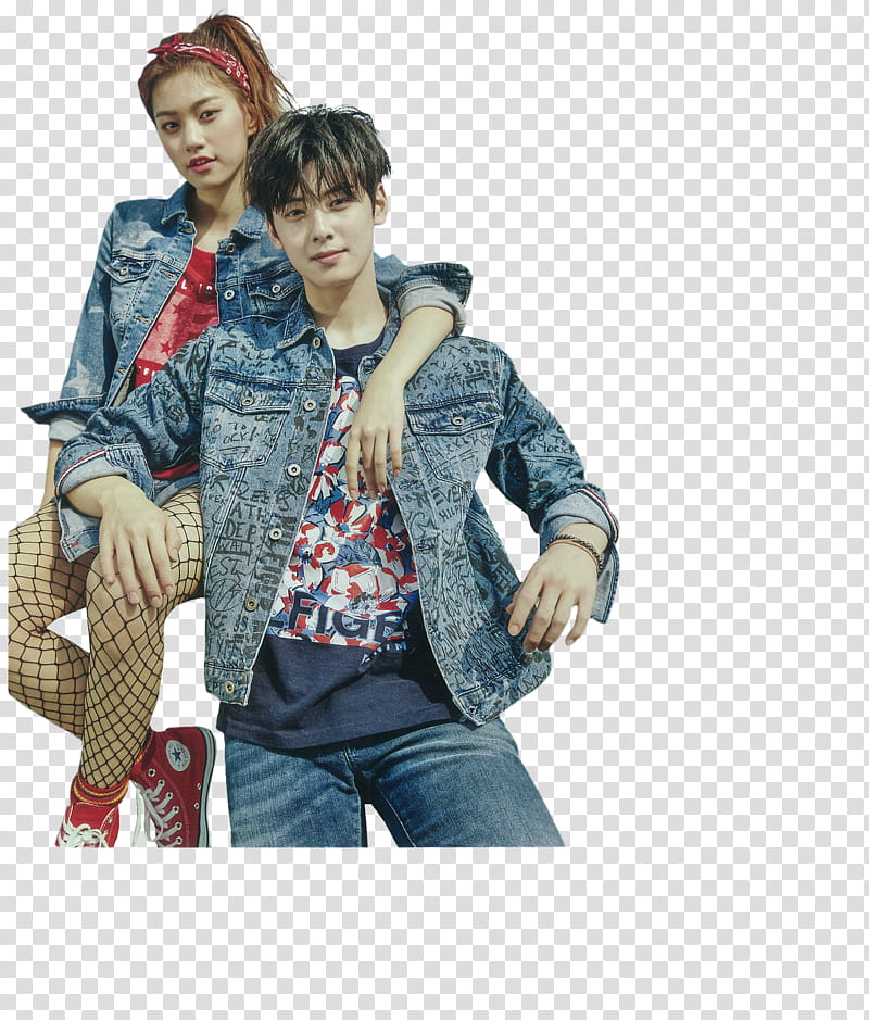 Eunwoo Y Doyeon, man and woman wearing blue denim jackets transparent background PNG clipart