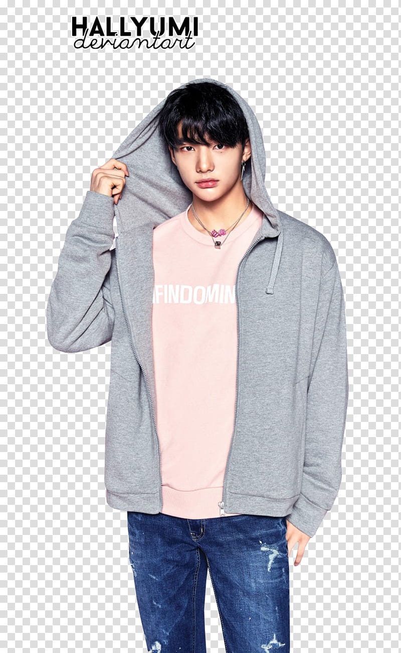 Stray Kids, man holding gray hoodie transparent background PNG clipart