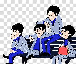 The Beatles cartoon BENCH XD, four men on bench illustration transparent background PNG clipart
