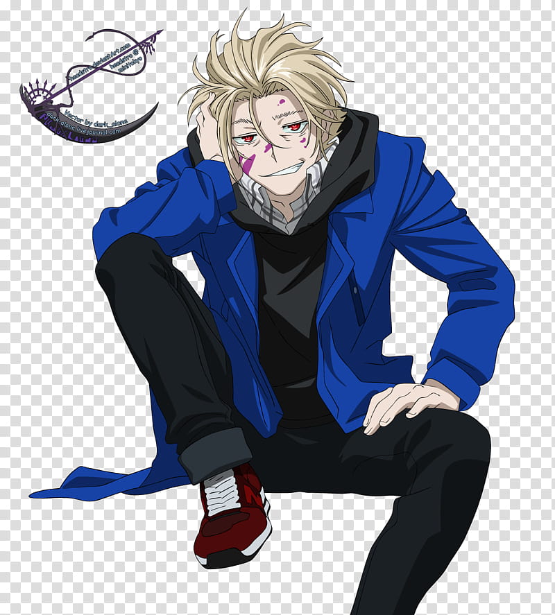 King of Despair Kekkai Sensen, smiling gray-haired man wearing blue jacket sitting illustration transparent background PNG clipart
