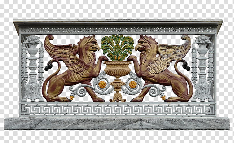 Balcony with griffins Medieval style, brown and gray wall decor transparent background PNG clipart