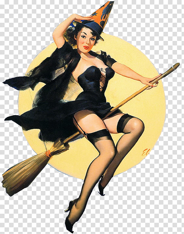  Pin Up Girls s, woman wearing witch costume riding broom illustration transparent background PNG clipart