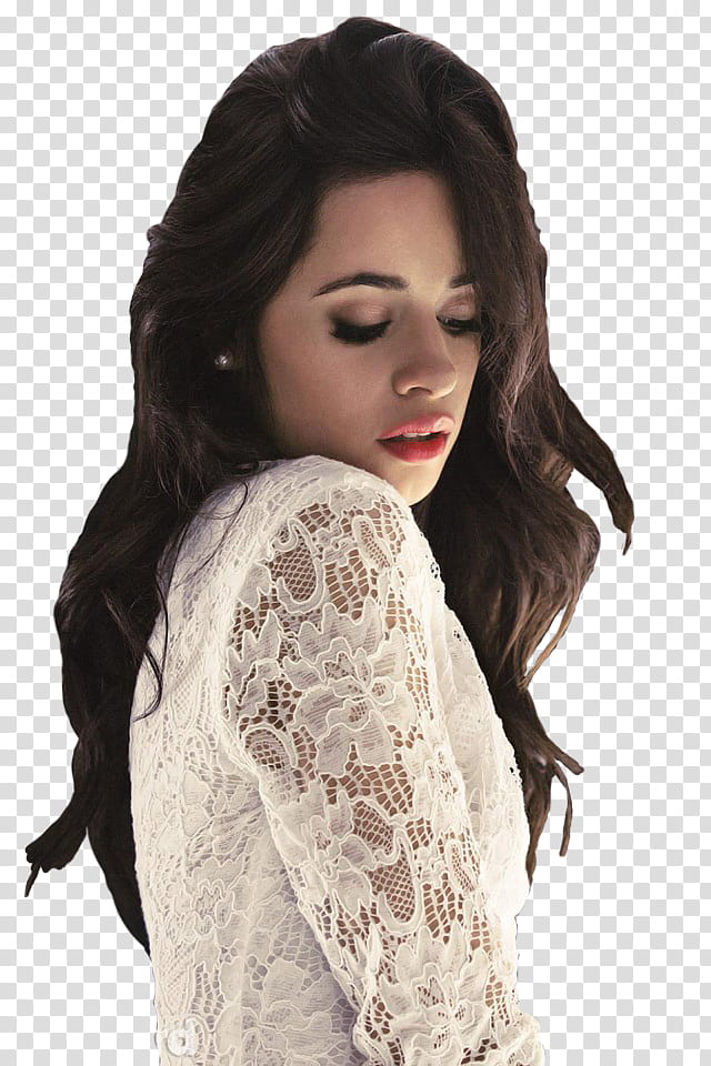 Camila Cabello, woman wearing white floral lace long-sleeved shirt transparent background PNG clipart
