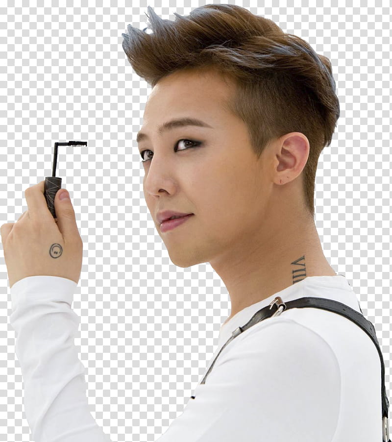 All my GD s, G-Dragon holding mascara and wearing white long-sleeved shirt transparent background PNG clipart