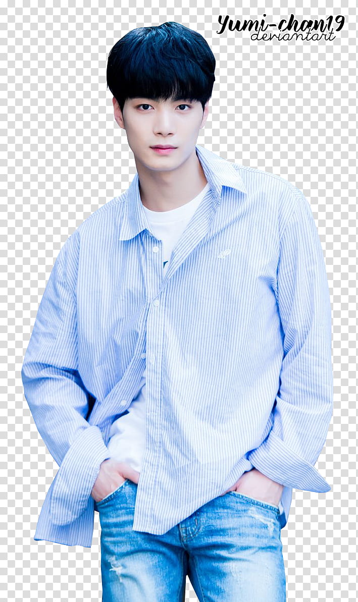 Jonghyun JR, man wearing white dress shirt and blue denim bottoms transparent background PNG clipart