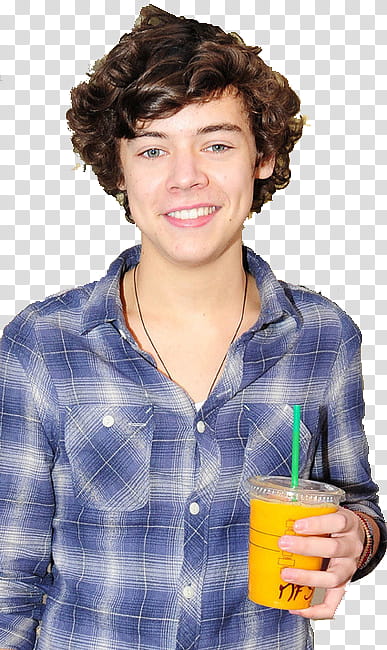 One Direction , Harry Styles holding cup while smiling transparent background PNG clipart