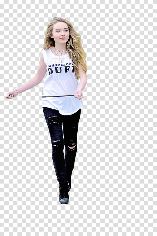 Sabrina Carpenter, girl wearing white and black tank top walking transparent background PNG clipart