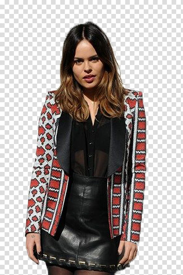 Atlanta, woman wearing red and white blazer and black leather skirt transparent background PNG clipart