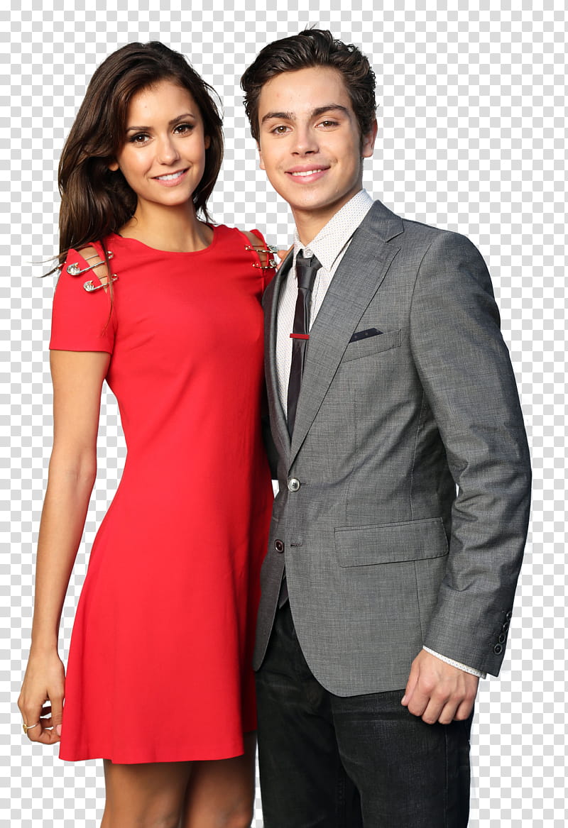 Nina Dobrev , men's gray suit jacket and women's red dress transparent background PNG clipart