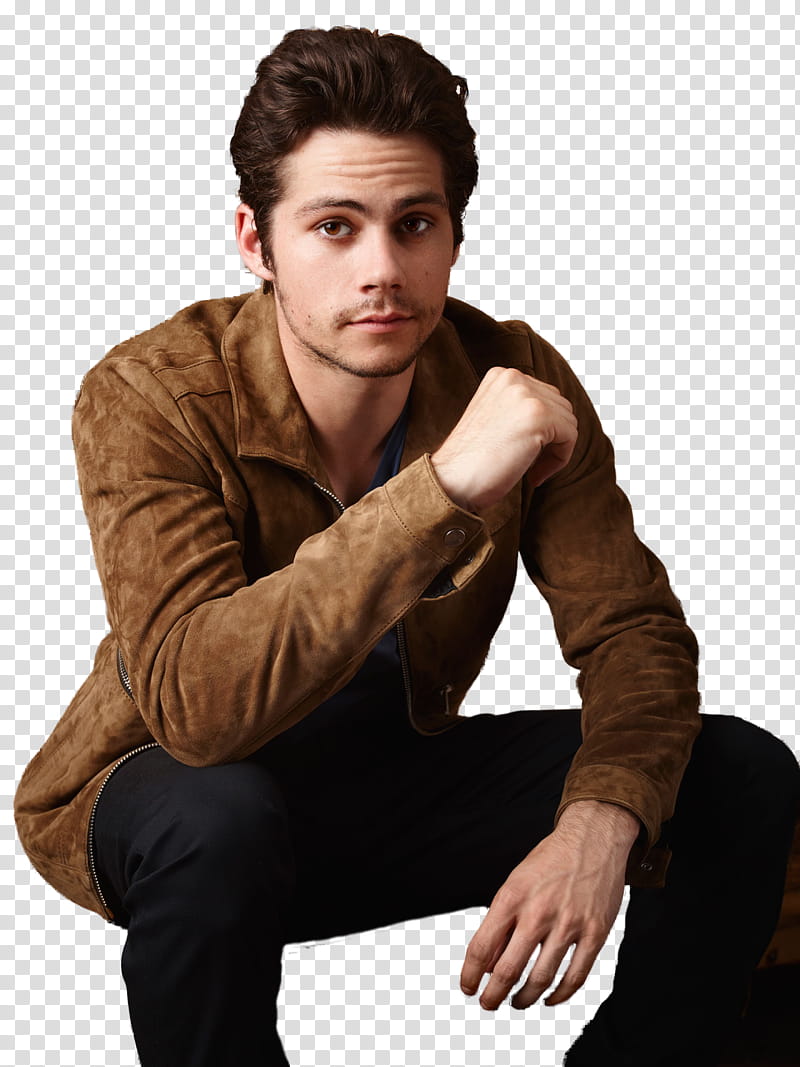 Dylan O Brien, man in brown jacket in sitting position transparent background PNG clipart