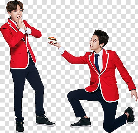 EXO KFC CHINA, man giving hamburger to man wearing red jacket transparent background PNG clipart
