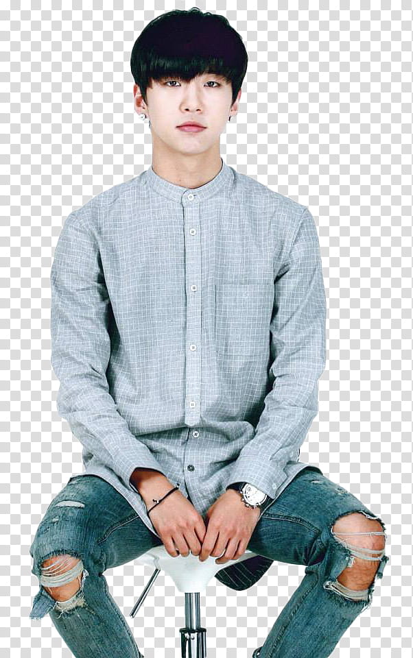 Bang Yong Guk wearing gray collared button-up long-sleeved shirt sitting transparent background PNG clipart