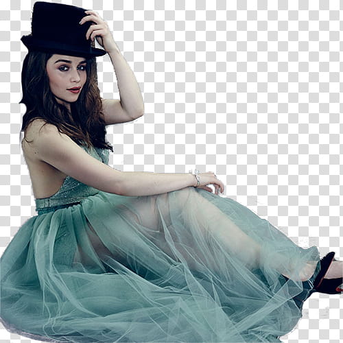 EmiliaClarke , woman in teal tulle gown and black top hat transparent background PNG clipart