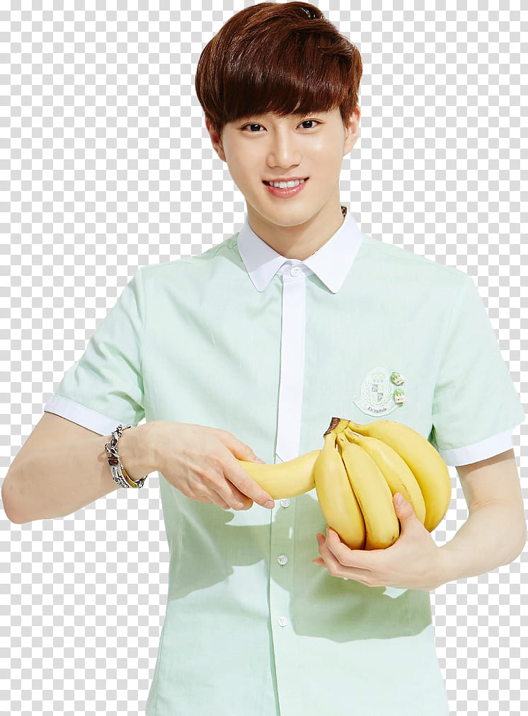 Render EXO For Ivy Club, smiling man holding ripe banana fruit transparent background PNG clipart