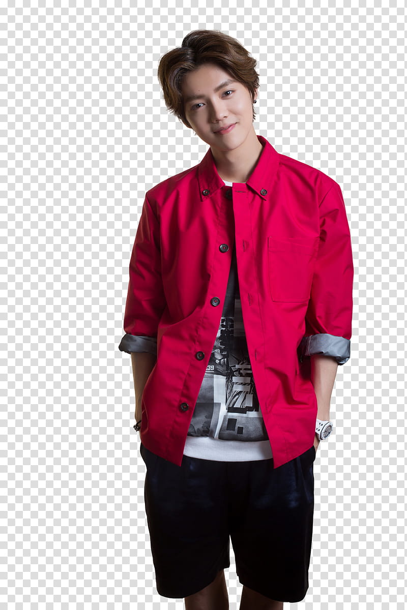 Luhan , man wearing pink collared button-up long-sleeved shirt standing and smiling transparent background PNG clipart