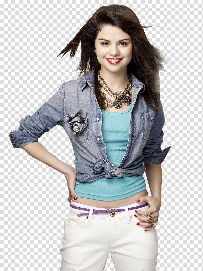 SG, Selena Gomez standing wearing denim bolero, tank top, and white bottoms with hand on hip and belt transparent background PNG clipart