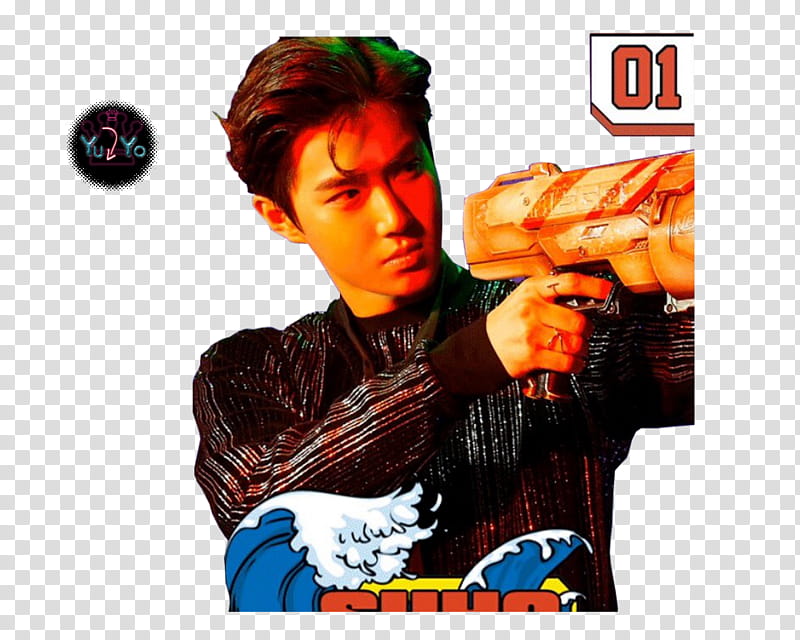 EXO POWER, man in black top holding toy gun transparent background PNG clipart