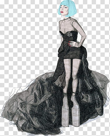 Sketched fashion girl with grey dress on transparent background