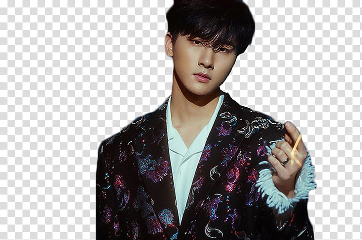 MONSTA X Beautiful Concept , man wearing black and purple floral coat transparent background PNG clipart