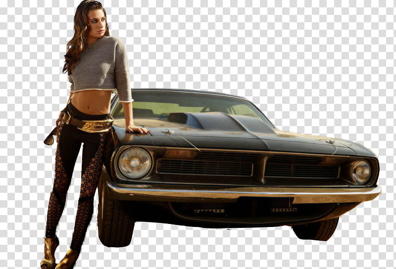 Lea Michele, woman standing beside car transparent background PNG clipart