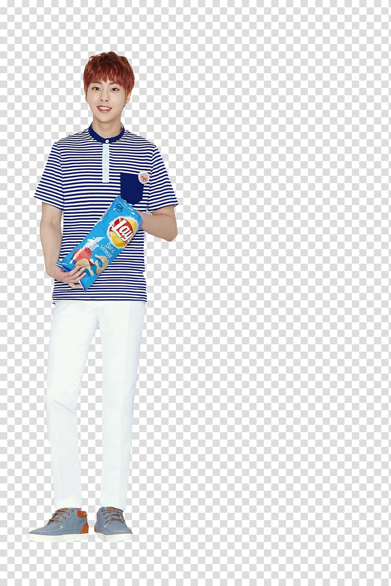 man in blue and white striped polo shirt holding blue Lays pack transparent background PNG clipart