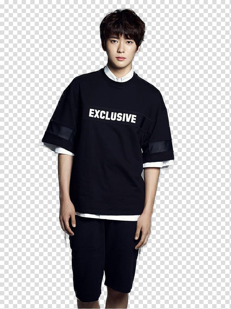 SM ROOKIES, standing man wearing black and white exclusive-printed crew-neck t-shirt transparent background PNG clipart