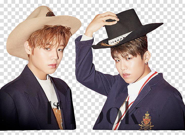 Jihoon and Woojin Wanna One, two men wearing hats transparent background PNG clipart