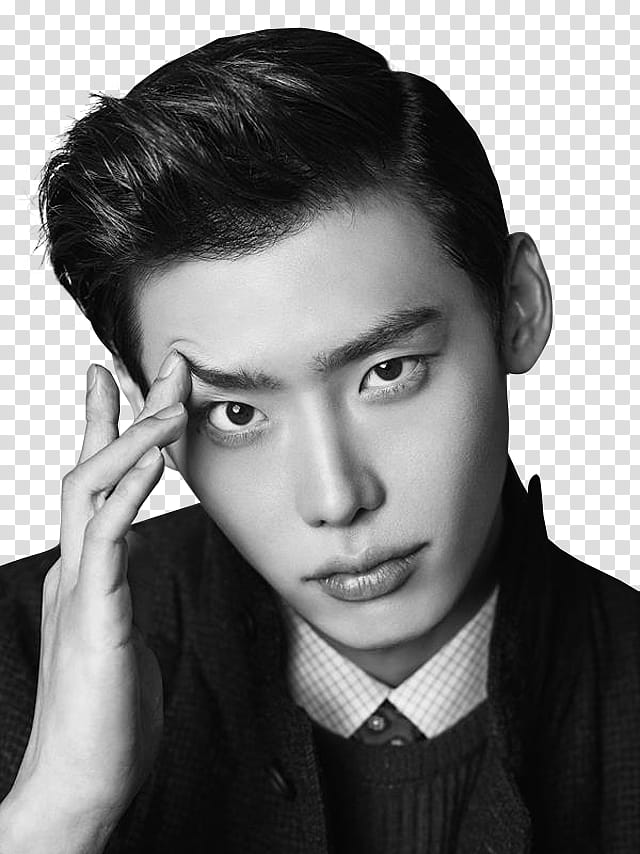 Kim Woobin and Lee Jong Suk render , grayscale graphy of man holding his right eyebrow transparent background PNG clipart