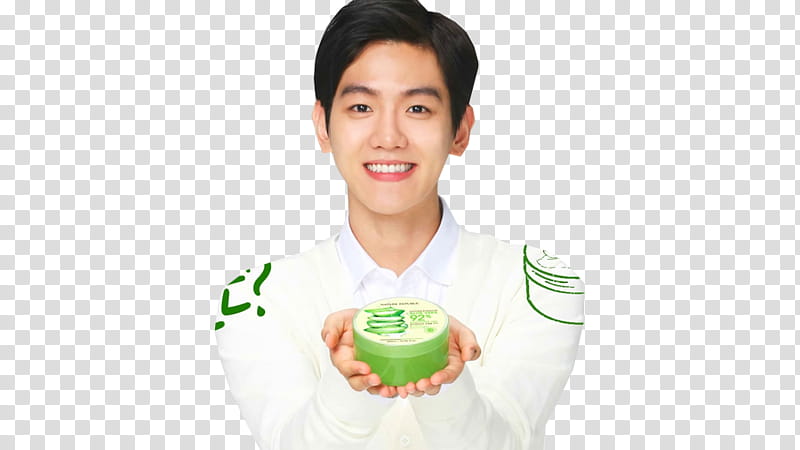 Baekhyun Nature Republic, man holding round green and white container transparent background PNG clipart