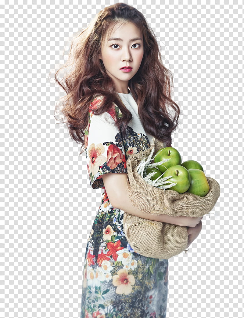 Kara Seung Yeon for Beauty , woman wearing white and multicolored floral dress holding sack of fruits transparent background PNG clipart