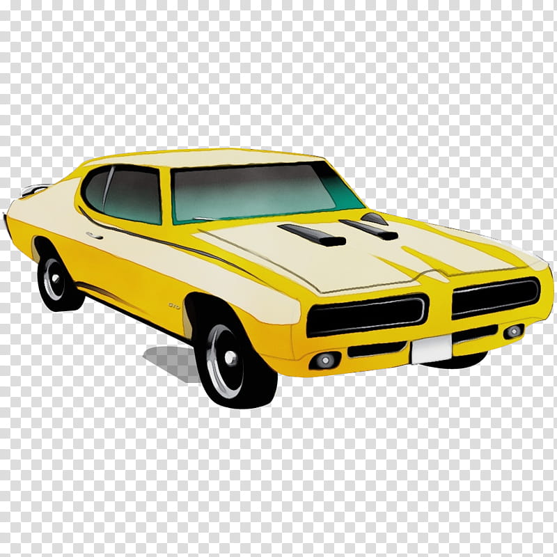 land vehicle vehicle car muscle car yellow, Watercolor, Paint, Wet Ink, Classic Car, Pontiac Gto, Model Car, Sports Car transparent background PNG clipart