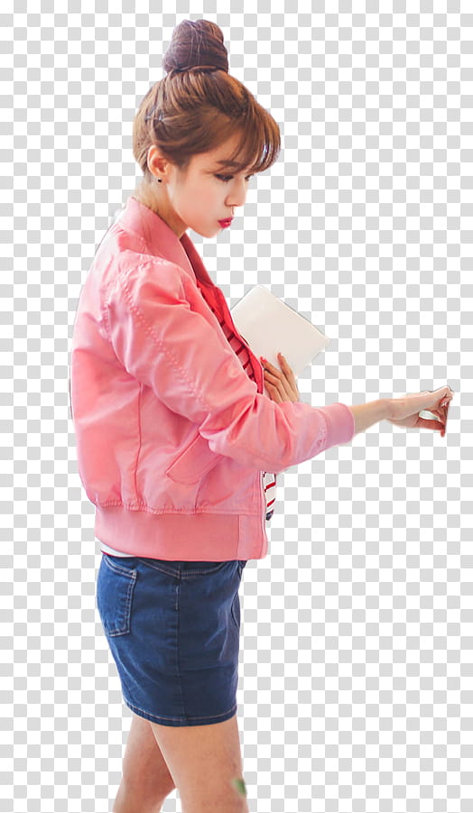 woman in pink jacket and blue denim skirt transparent background PNG clipart