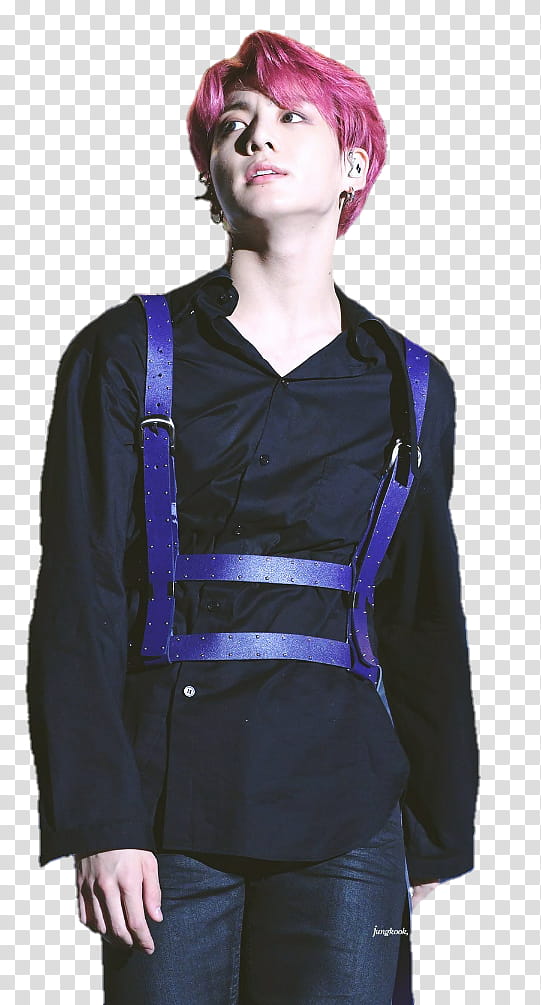 Jungkook concert, standing man wearing black dress shirt and purple suspenders transparent background PNG clipart