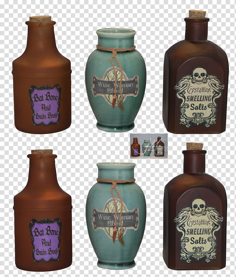 Potion Bottles, six assorted bottles transparent background PNG clipart