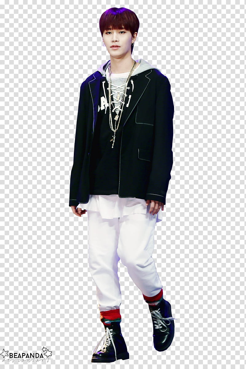 Taeil NCT, man in black jacket and white pants transparent background PNG clipart