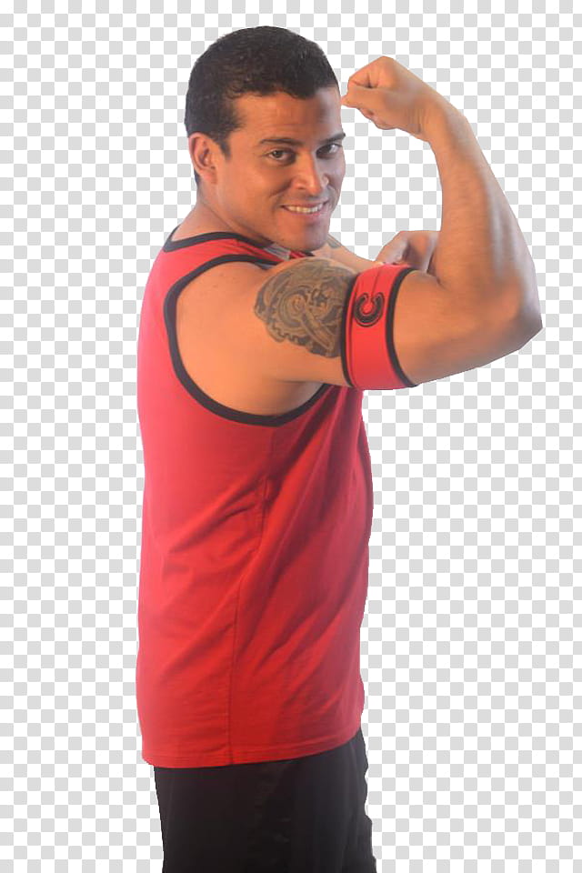 equipo rojo, smiling man wearing red and black tank top showing his right bicep transparent background PNG clipart