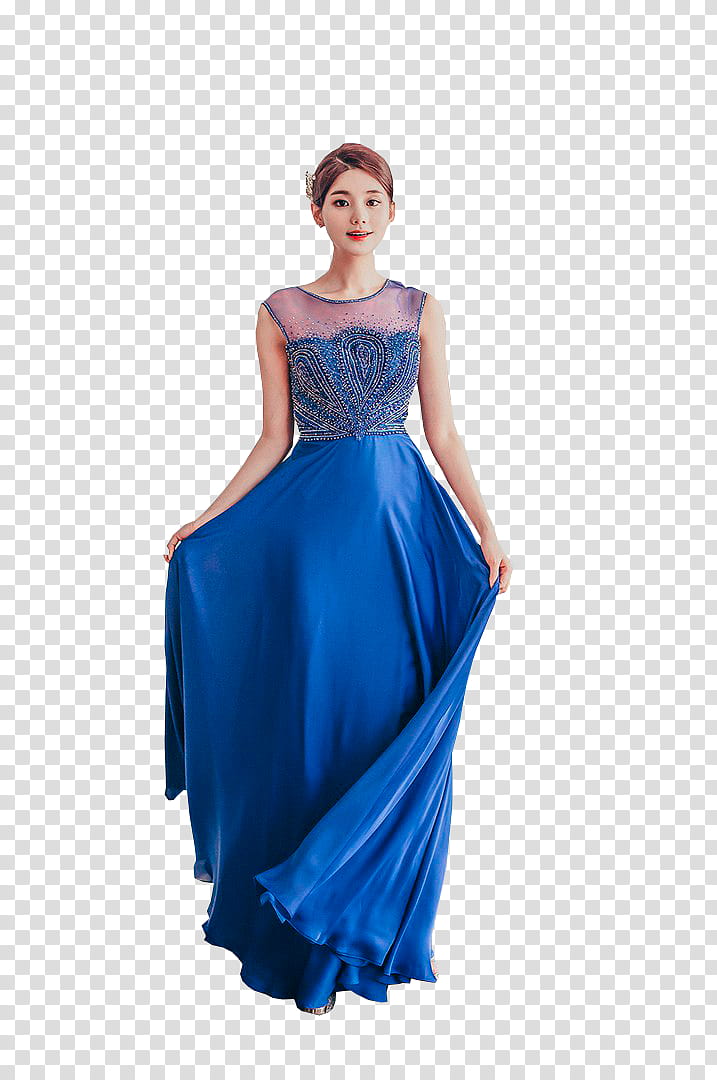 YEON SIL, woman wearing blue illusion neckline sleeveless dress in standing position transparent background PNG clipart