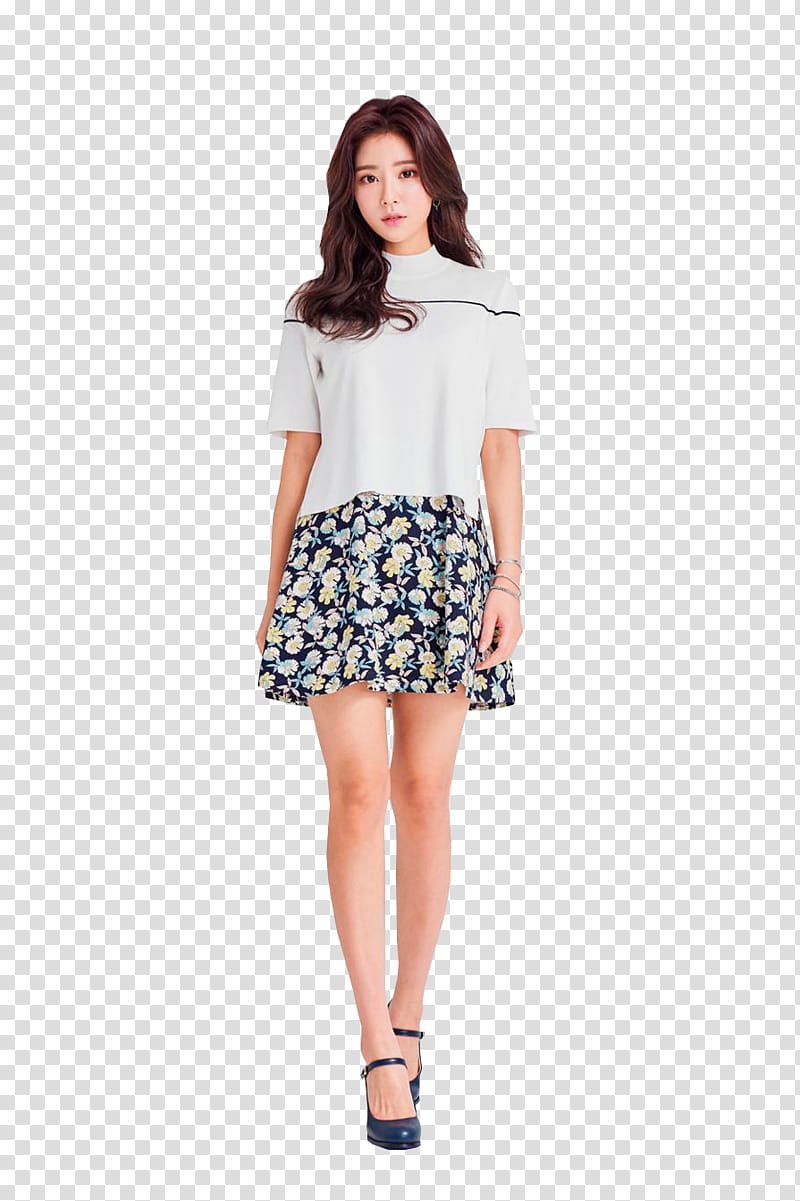 KIM JEON YEON, woman wearing white t-shirt and floral miniskirt while standing transparent background PNG clipart