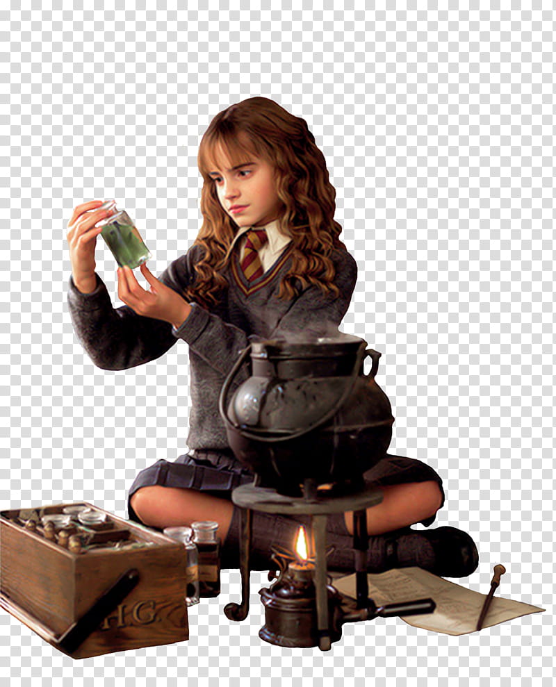 Hermine Granger Potion making, young Emma Watson holding potion bottle near box and burner stove transparent background PNG clipart