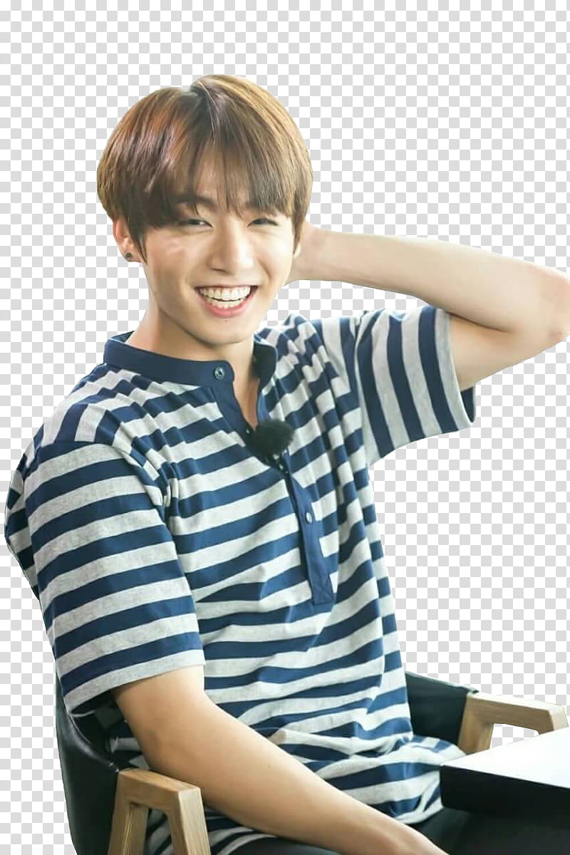 BTS Jungkook, smiling man wearing white and blue striped t-shirt holding his head transparent background PNG clipart