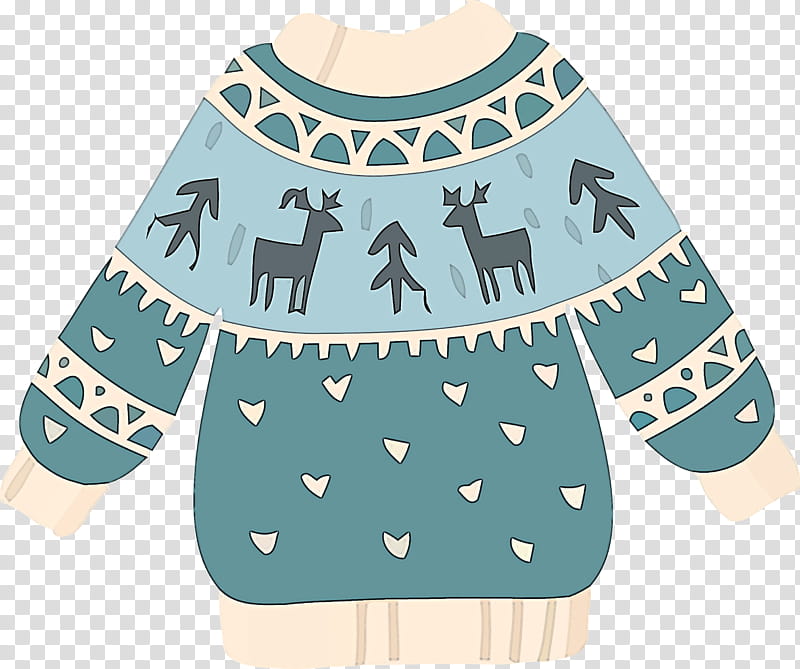 Reindeer, Christmas Sweater, Cartoon Sweater, Sweater , Clothing, Blue, Turquoise, Green transparent background PNG clipart