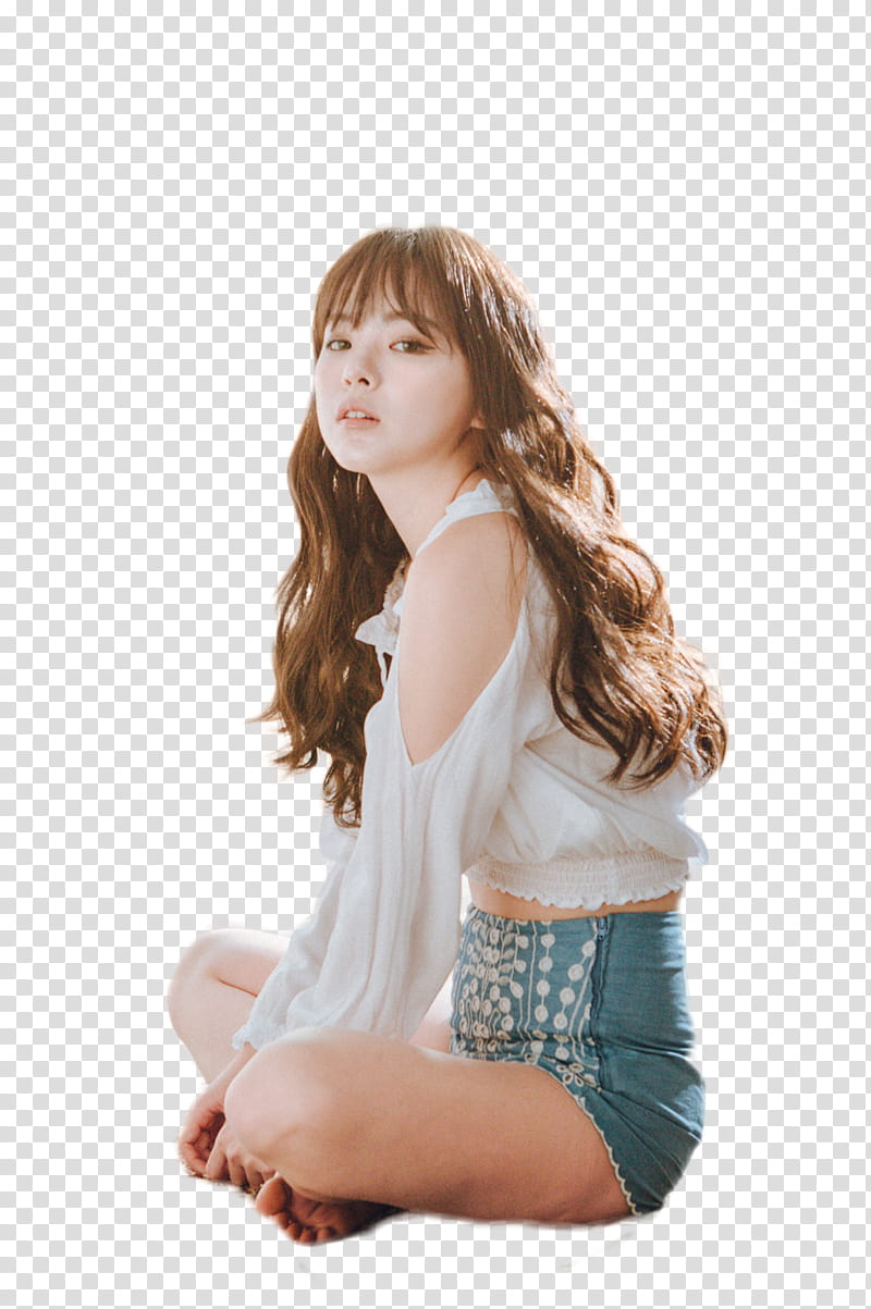 female South Korean wears white cold-shoulder blouse and high waist blue shorts transparent background PNG clipart