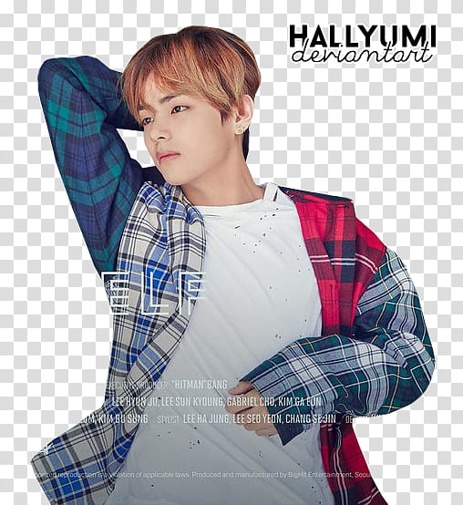 BTS, man wearing white crew-neck shirt and multicolored plaid button-up long-sleeved shirt transparent background PNG clipart