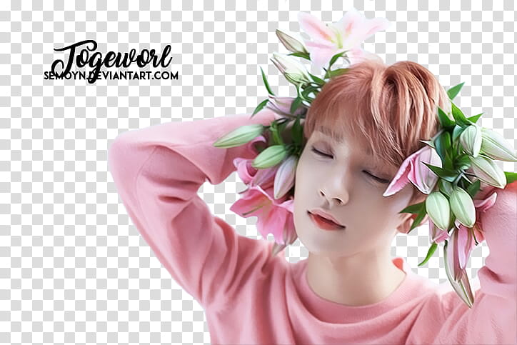 SEVENTEEN TEEN AGE WHITE TEASER, man holding star gazer flowers transparent background PNG clipart