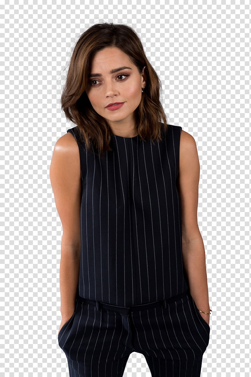 Jenna Coleman, woman wearing black and white pinstriped sleeveless jumpsuit transparent background PNG clipart