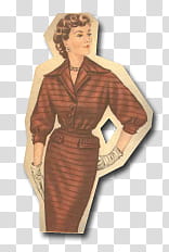 retro vintage fashion, woman wearing dress cutout paper transparent background PNG clipart