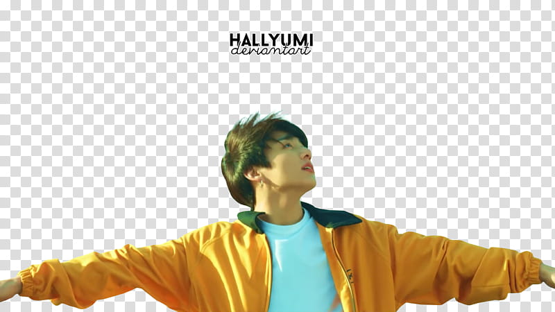 BTS Euphoria, man wearing yellow zip-up jacket making arm wide open transparent background PNG clipart